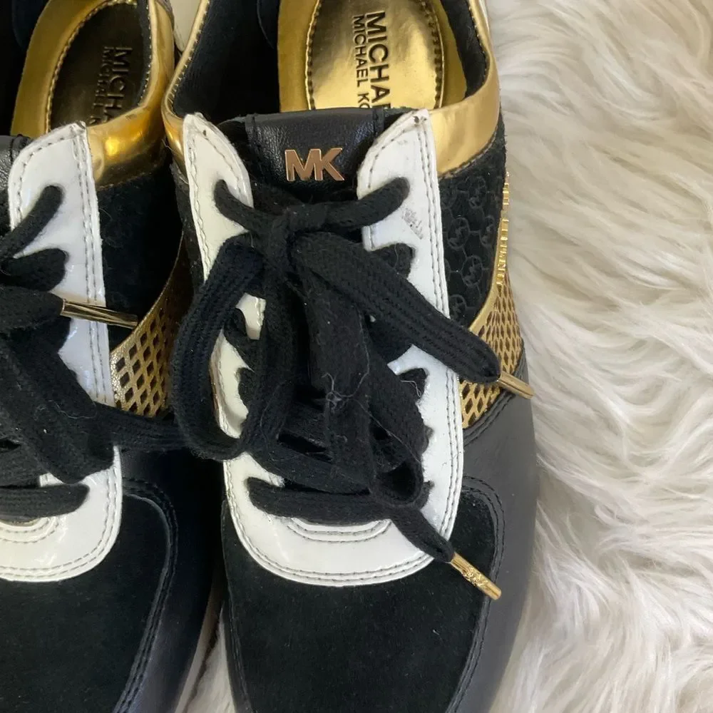 Michael Michael Kors Black Gold Allie Metallic-Trim Leather Sneaker Size 7.5 M